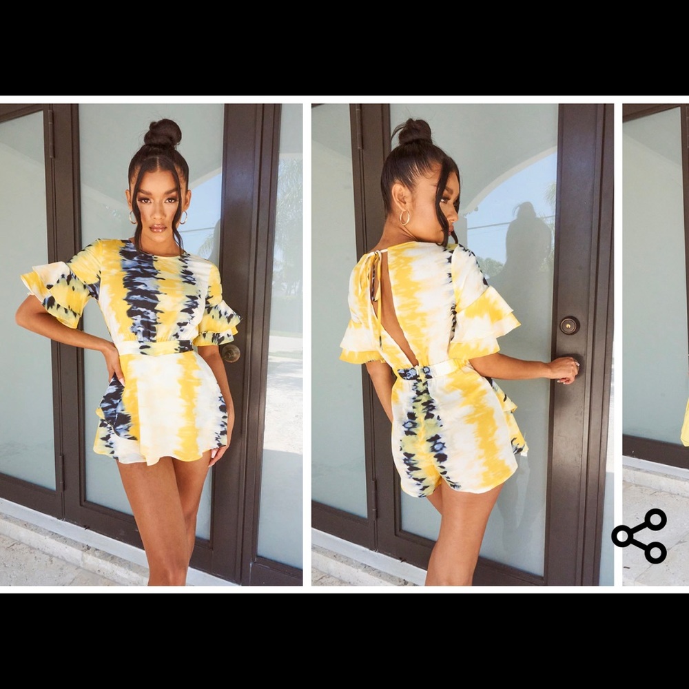 Yellow Tie Dye Frill Sleeve Tie Back Romper